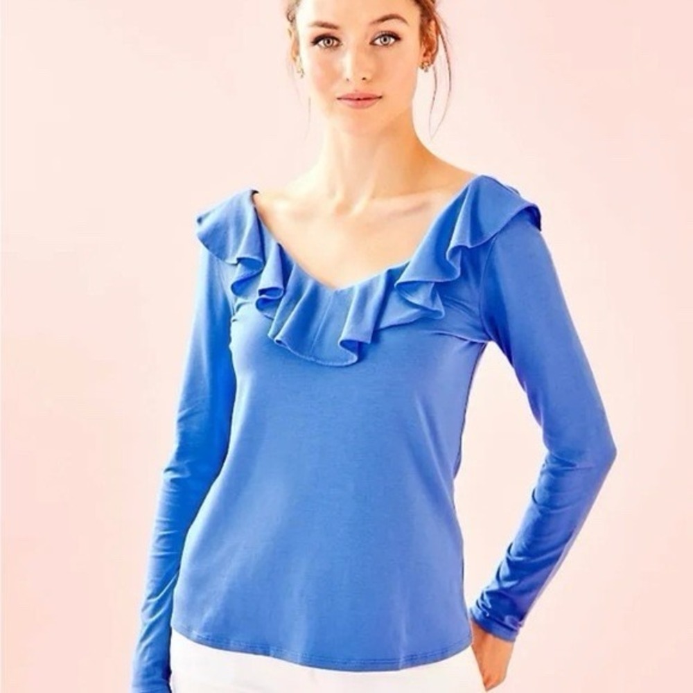 Lilly Pulitzer Alessa Ruffle Long Sleeve Shirt Sz S Blue Preppy Nautical Travel